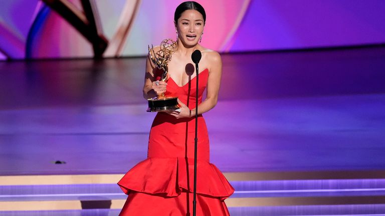 Anna Sawai accepts the award for outstanding lead actress in a drama series for "Shogun" during the 76th Primetime Emmy Awards on Sunday, Sept. 15, 2024, at the Peacock Theater in Los Angeles. (AP Photo/Chris Pizzello)