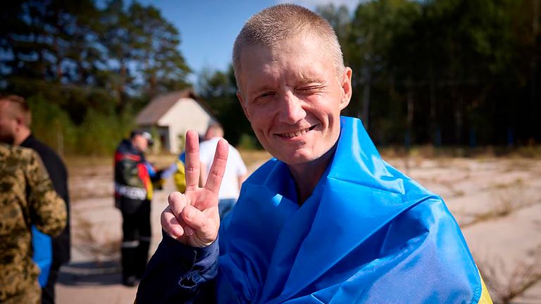 A Ukrainian reacts after being released in a prisoner exchange at an undisclosed location in Ukraine. Pic: Ukrainian Presidential Press Office via AP